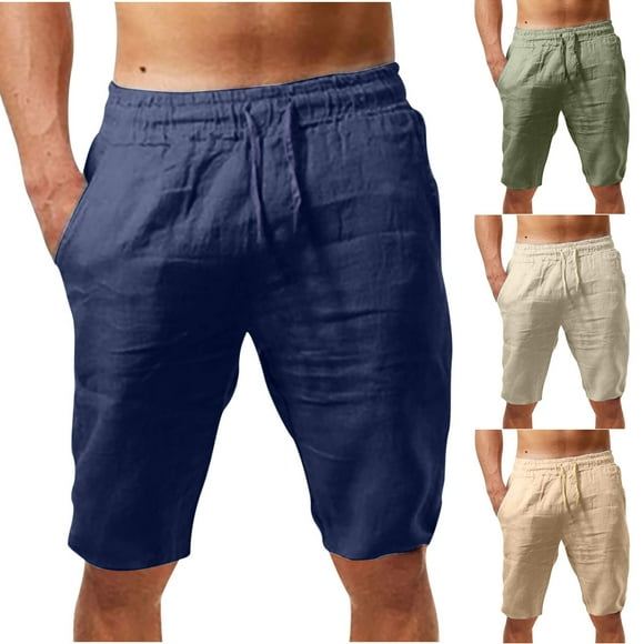 Txeol Linen Shorts for Men Summer Soild Color Beach Shorts Elastic Waist Drawstring Outdoor Shorts with Pockets Breathable Sports Shorts Vacation Deals,Navy,XL