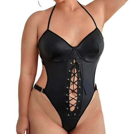 

Lingerie For Women Naughty Play Black Halter Lace Up Leather Backless Teddy Latex Underwear Bodysuit For Women Tummy Control