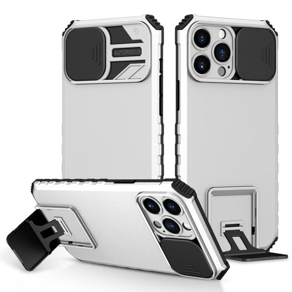 iPhone 15 Pro Max Case with Slide Camera Cover, Kickstand Rugged Military Grade Shockproof TPU Rubber Silicone Hard PC Back Phone Cover  Apple iPhone 15 Pro Max 5G 6.7 inch, White