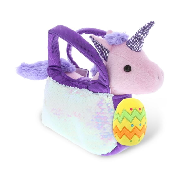 DolliBu Purple Unicorn Purse Pet Carrier with Yellow Easter Egg Plush - Perfect Unicorn Stuffed Animals for Easter Basket, Cute Easter Egg Stuffed Animal Spring Toys for Girls, Boy, Baby - 9 Inches