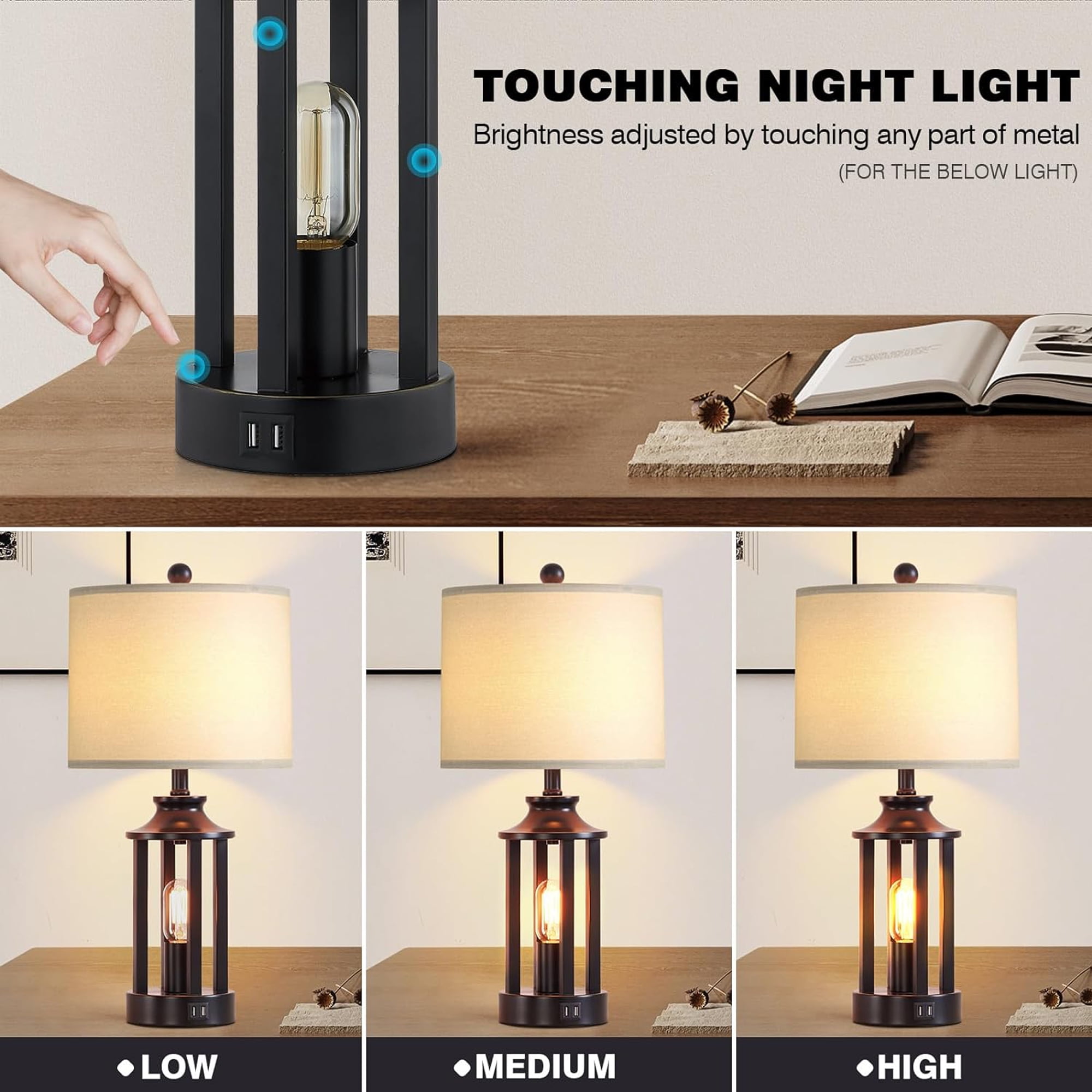Cinkeda Modern Table Lamp Set of 2 with USB Ports 3 Way Dimmable Nightlight Industrial Black Bedside Lamps for Bedroom Living Room