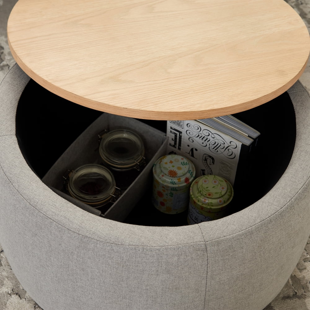 Tcbosik 25.5" Round Ottoman with Storage, End Table with Wood Lid for Home Office Living Room, Light Grey