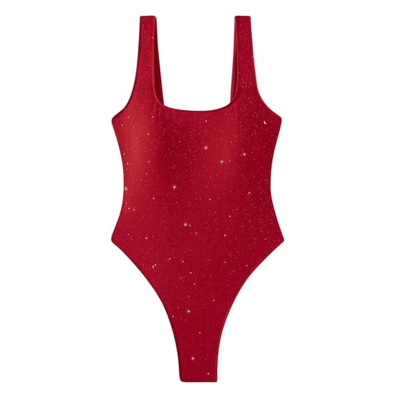 MOJOGO Women's Glitter Square Neck One-Piece Swimsuit Square Neck Wide Straps Swimsuits Beach Pool Party Wear Bathing Suits M