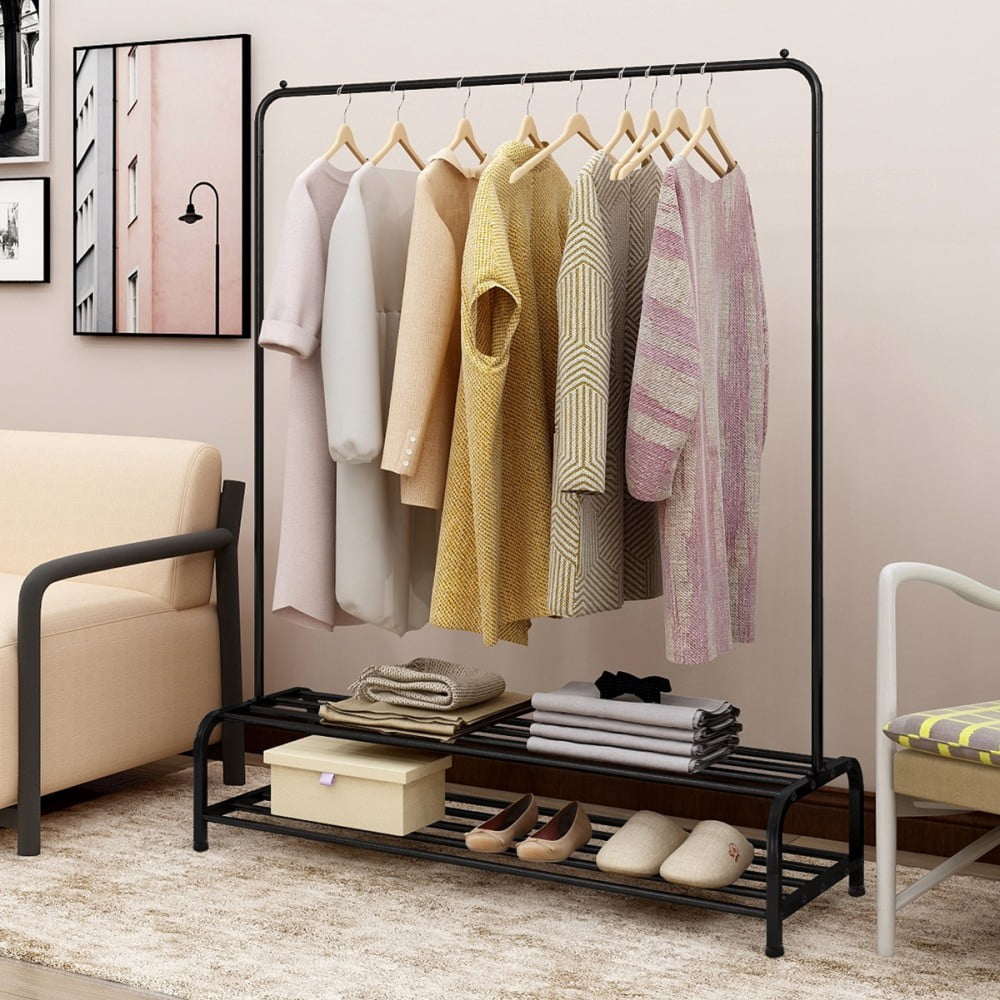 Heavy Duty Garment Rack, Metal Clothes Rack with Bottom Shelf, Freestanding Clothing Rack for Bedroom, Laundry Room, Entryway, Small Spaces, Black
