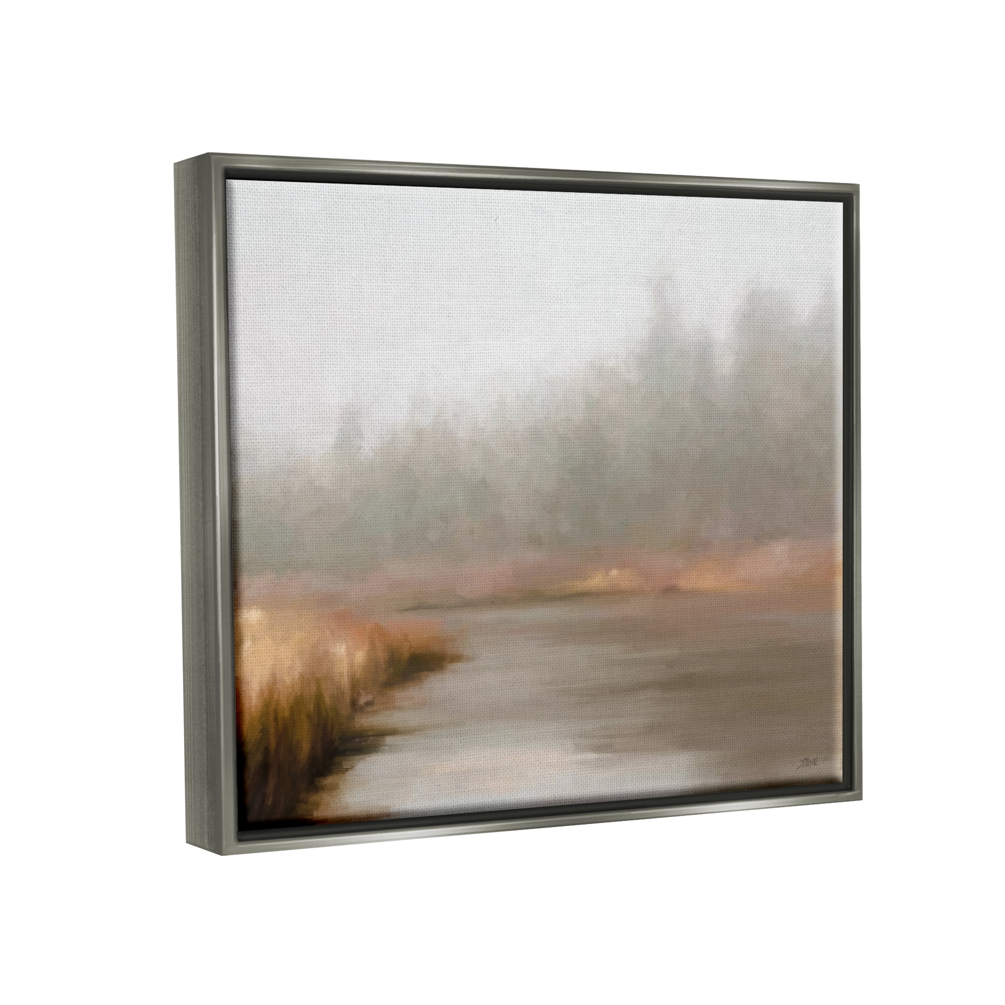 Stupell Industries Rural Stream in Fog Nature Painting Gray Floater Framed Art Print Wall Art, 21 x 17