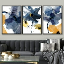 IDEA4WALL Framed Canvas Print Wall Art Set of 3 Blue and Orange Blossoms Botanical Flower Watercolor Artwork Nature Tropical Plants Modern Art for Entryway, Bedroom, Office - 24"x36"x3 Black