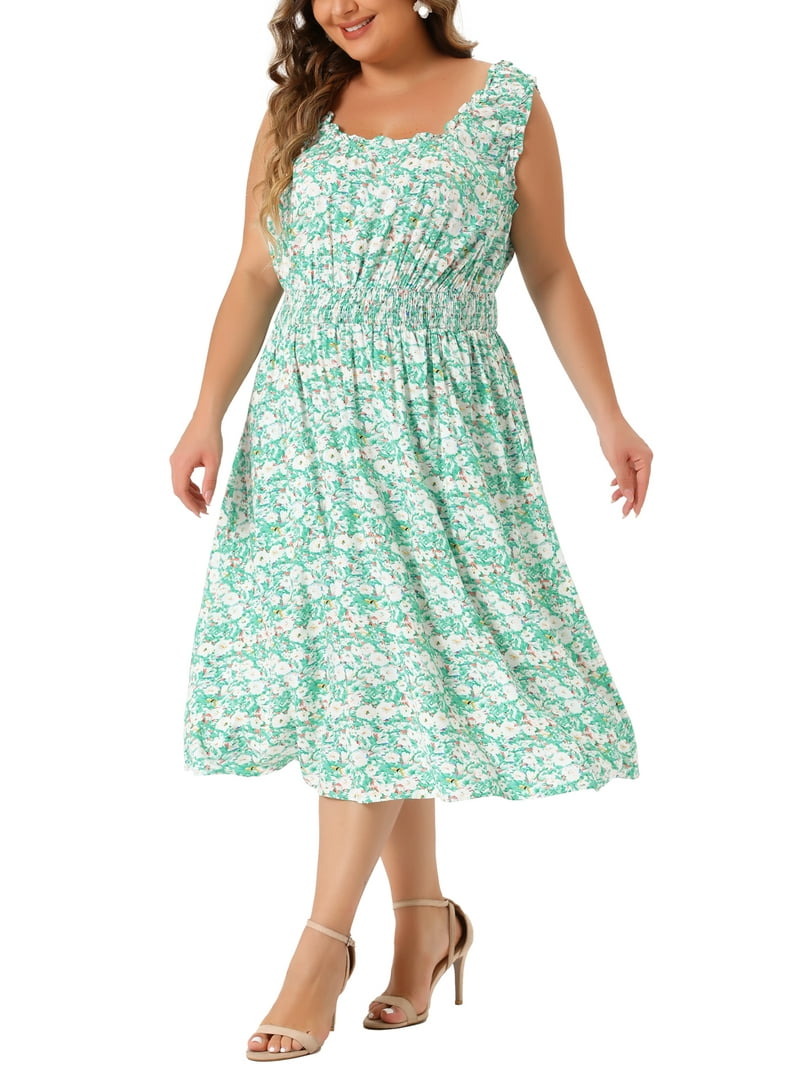 Agnes Orinda Women's Plus Size Square Neck Sleeveless Floral Flowy Stretchy  Waist Midi Dresses 4X Green - Walmart.com
