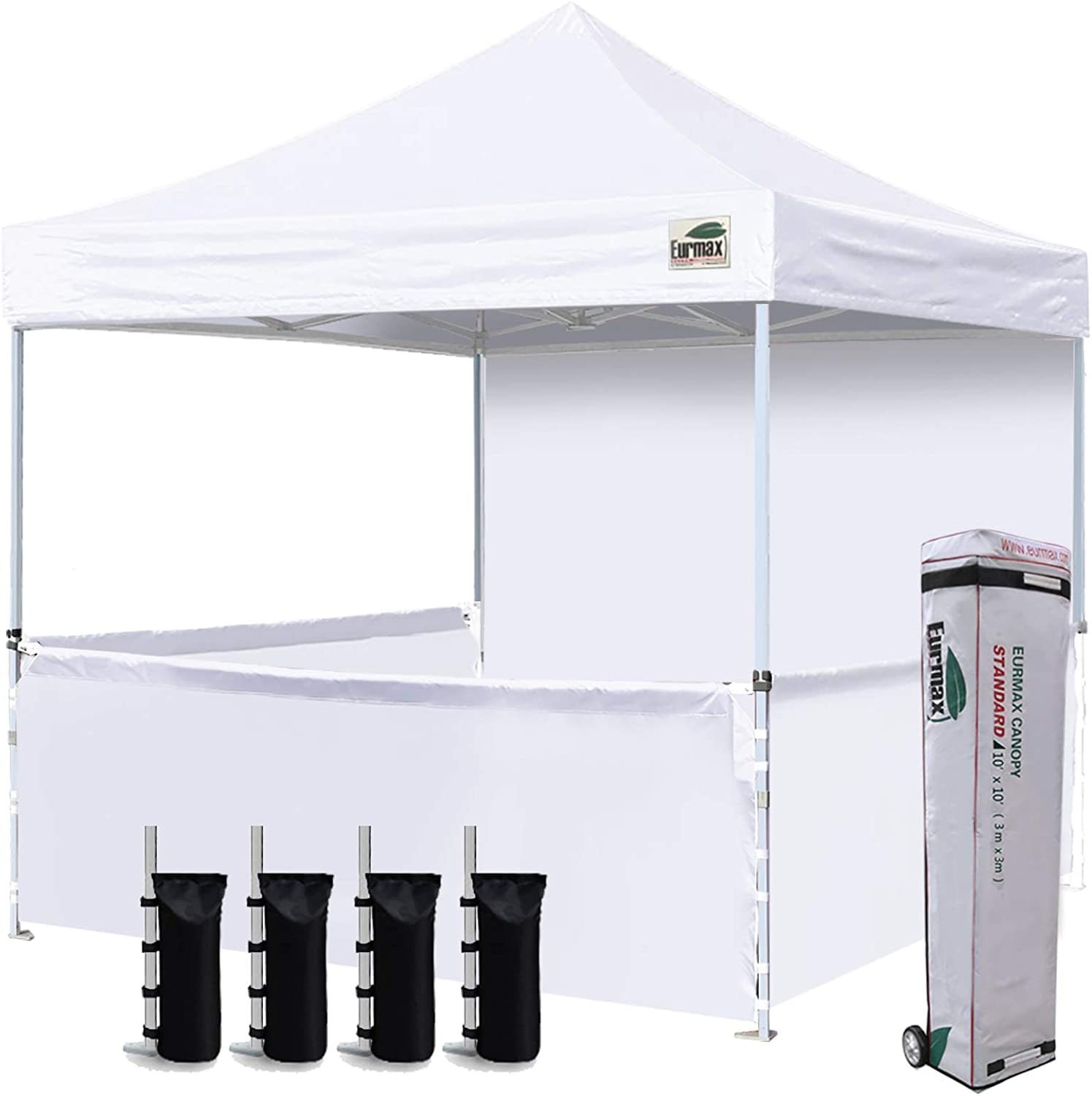 Eurmax 10x10 Ez Pop-up Booth Canopy Tent Commercial Instant Canopies with 1 Full Sidewall & 3 Half Walls and Roller Bag with 4 SandBags Blue 3 Cross-Bar 