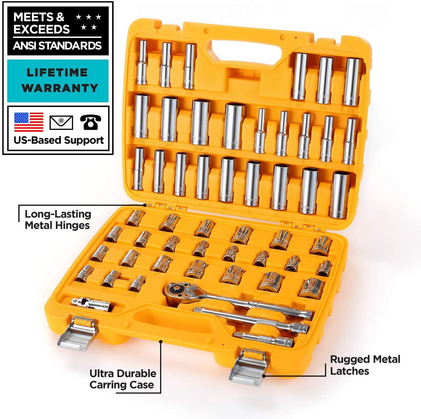 52 Piece Ratcheting Socket Wrench Set Metric and Standard 6-Point Hex Socket 