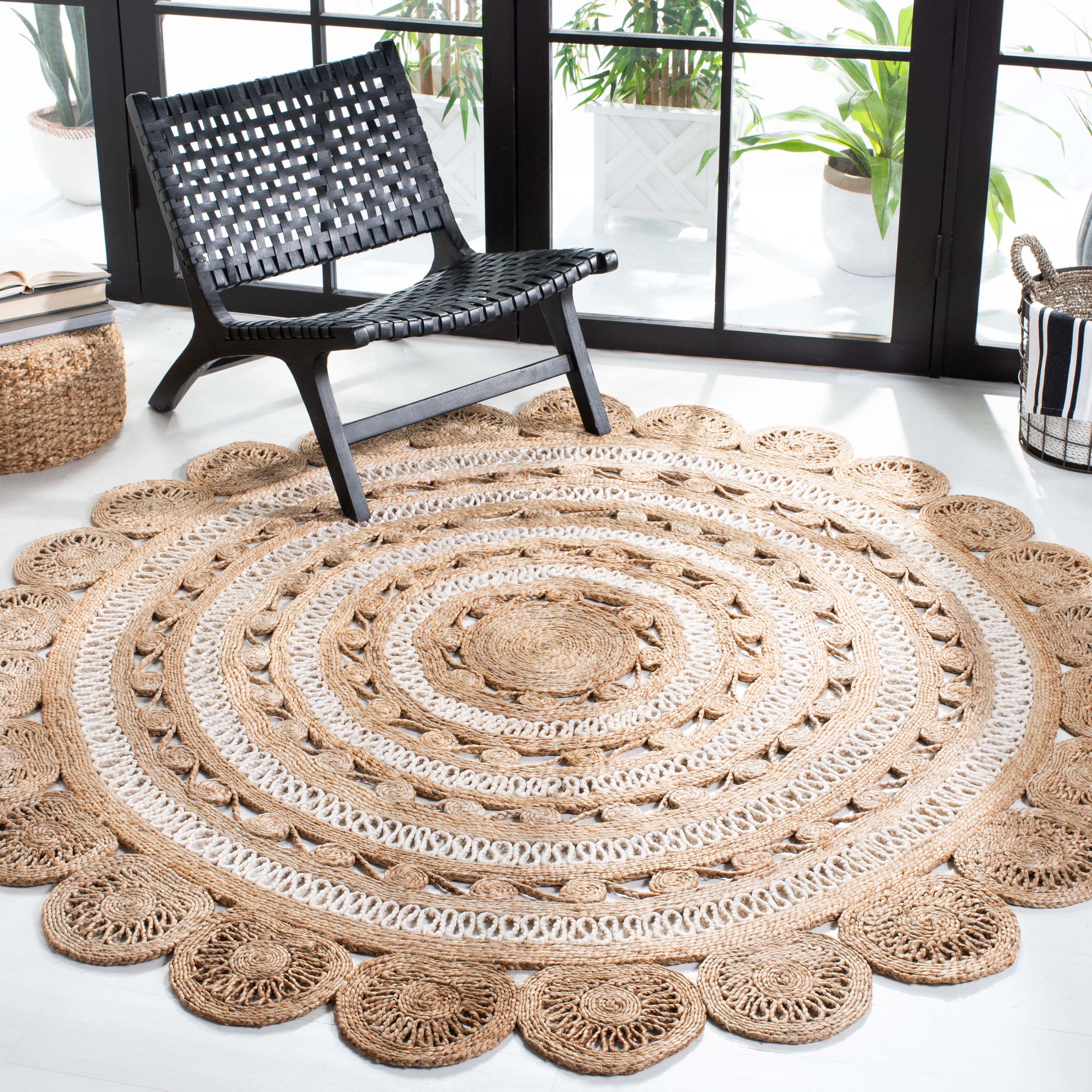 SAFAVIEH Natural Fiber Griselda Geometric Area Rug, Ivory/Natural, 9' x 9' Round