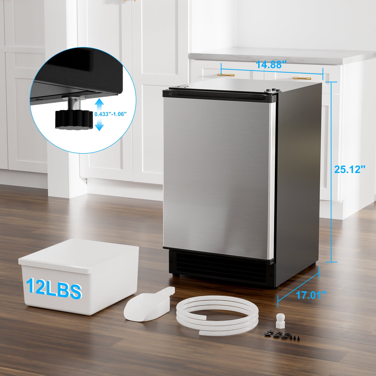 OUBID 15"W Drainless Under Counter Ice Maker, 22 lbs Storage Bin, Crescent Ice, Built-In/Freestanding Ice Maker, No Drain Required, ETL Certified, for Residential & Commercial Use
