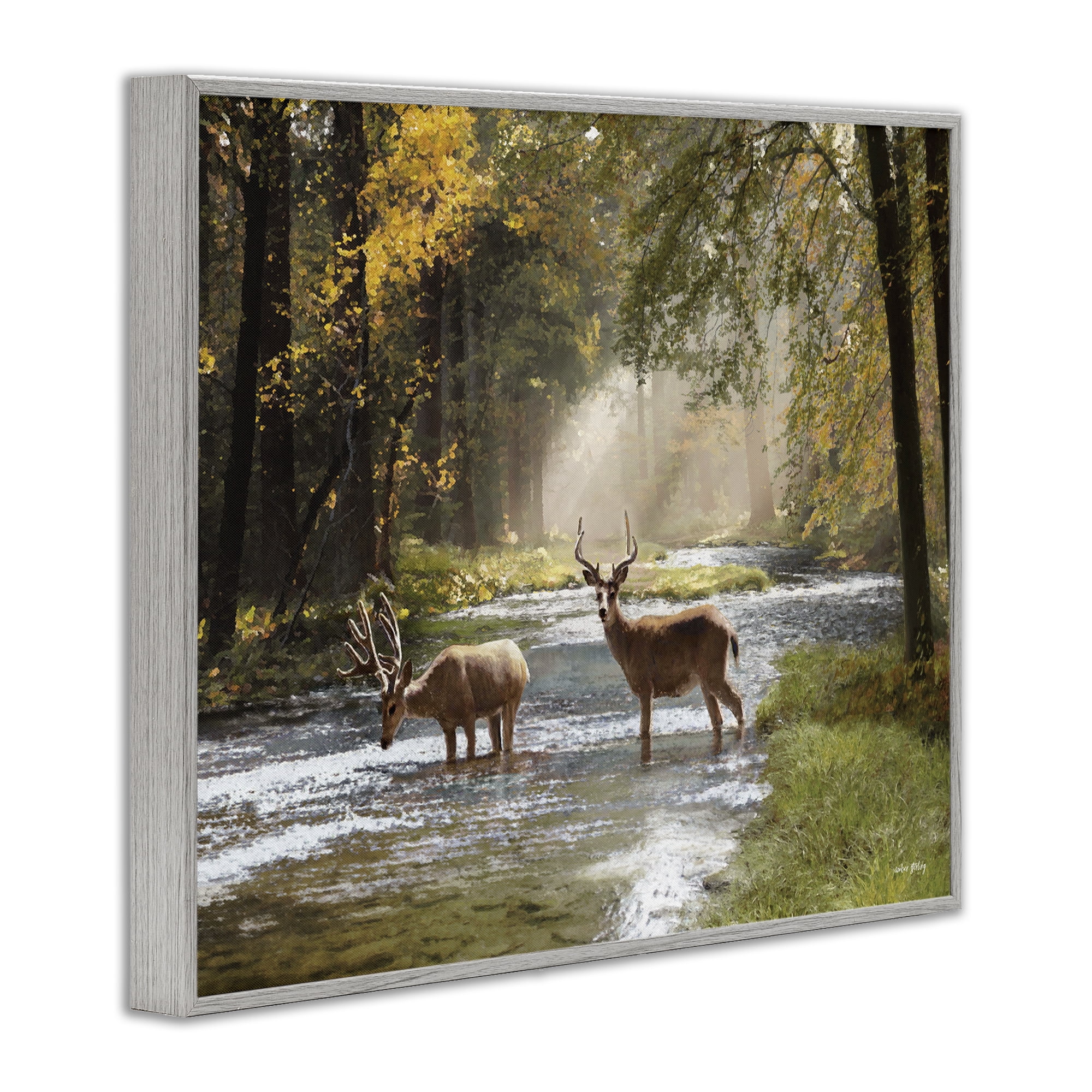 Stupell Industries Deer Grazing in Creek Landscape Painting Gray Framed Art Print Wall Art, 20 x 16