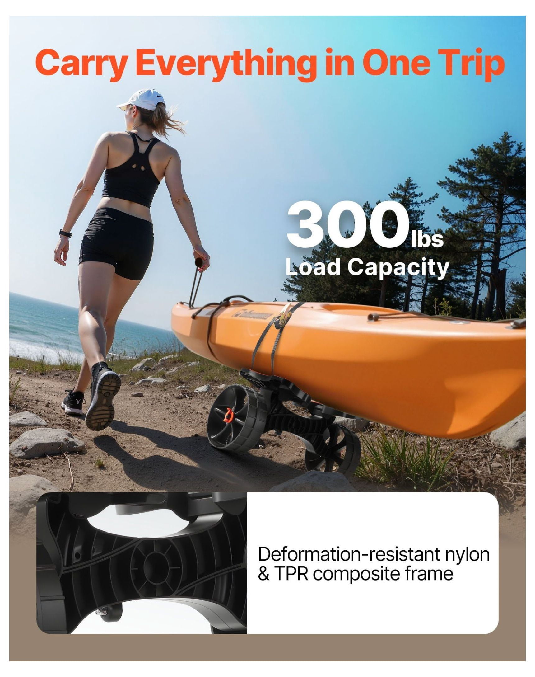 Kayak Cart 300 Lbs Capacity - Foldable Kayak Trolley with 10-inch Tires & Ratchet Strap - Canoe & Paddle Board Carrier for Transport
