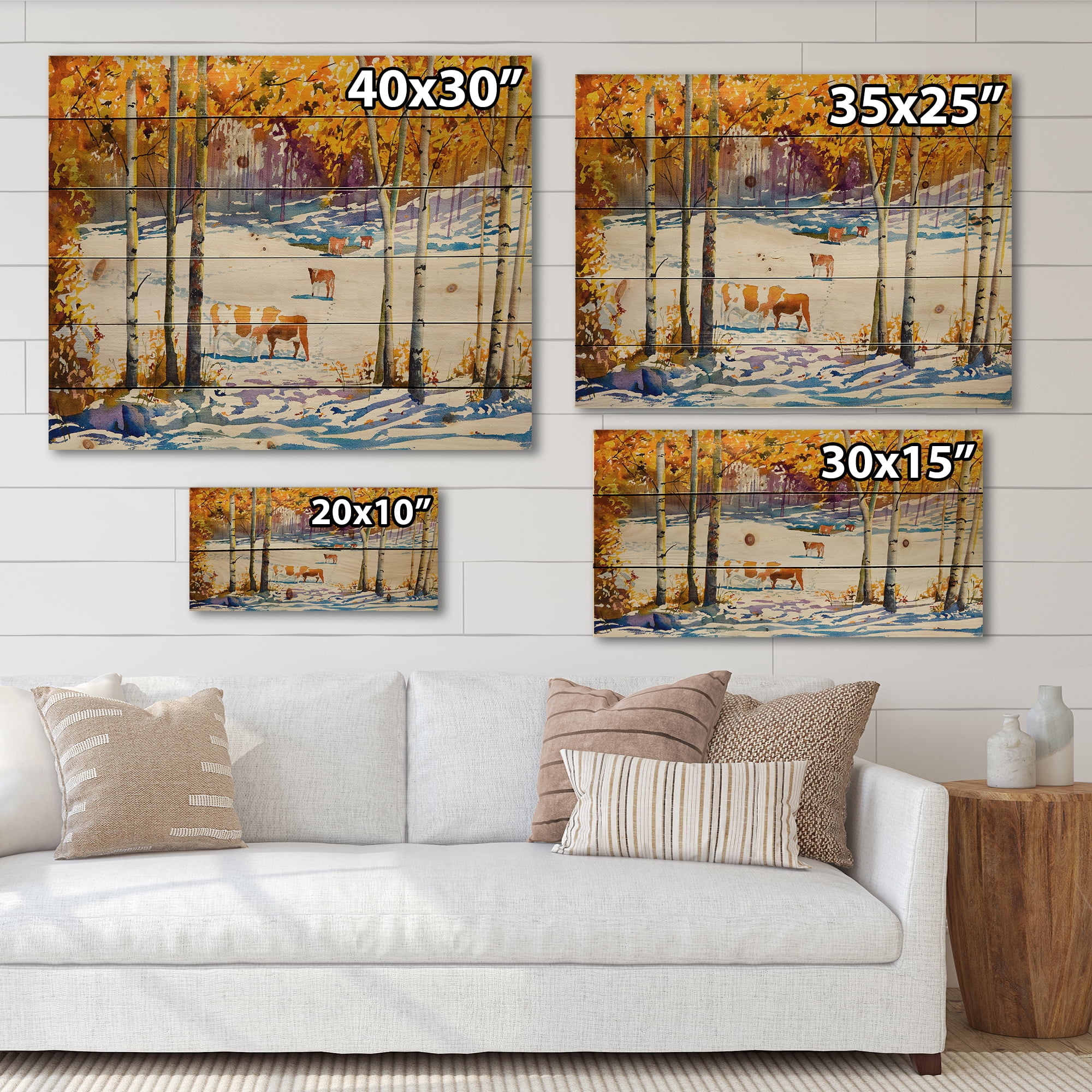 Designart 'Cattles In The Early Snow In The Tree Forest' Farmhouse Print on Natural Pine Wood