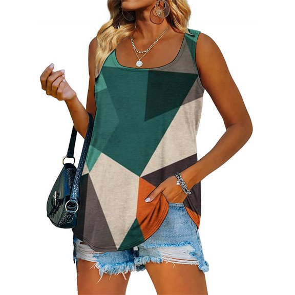 Wenini Tank Tops Sleeveless Color Block Scoop Neck T Shirts for Women Comfy Breathable Loose Ladies Vest Blouse Going Out Tops Beige S