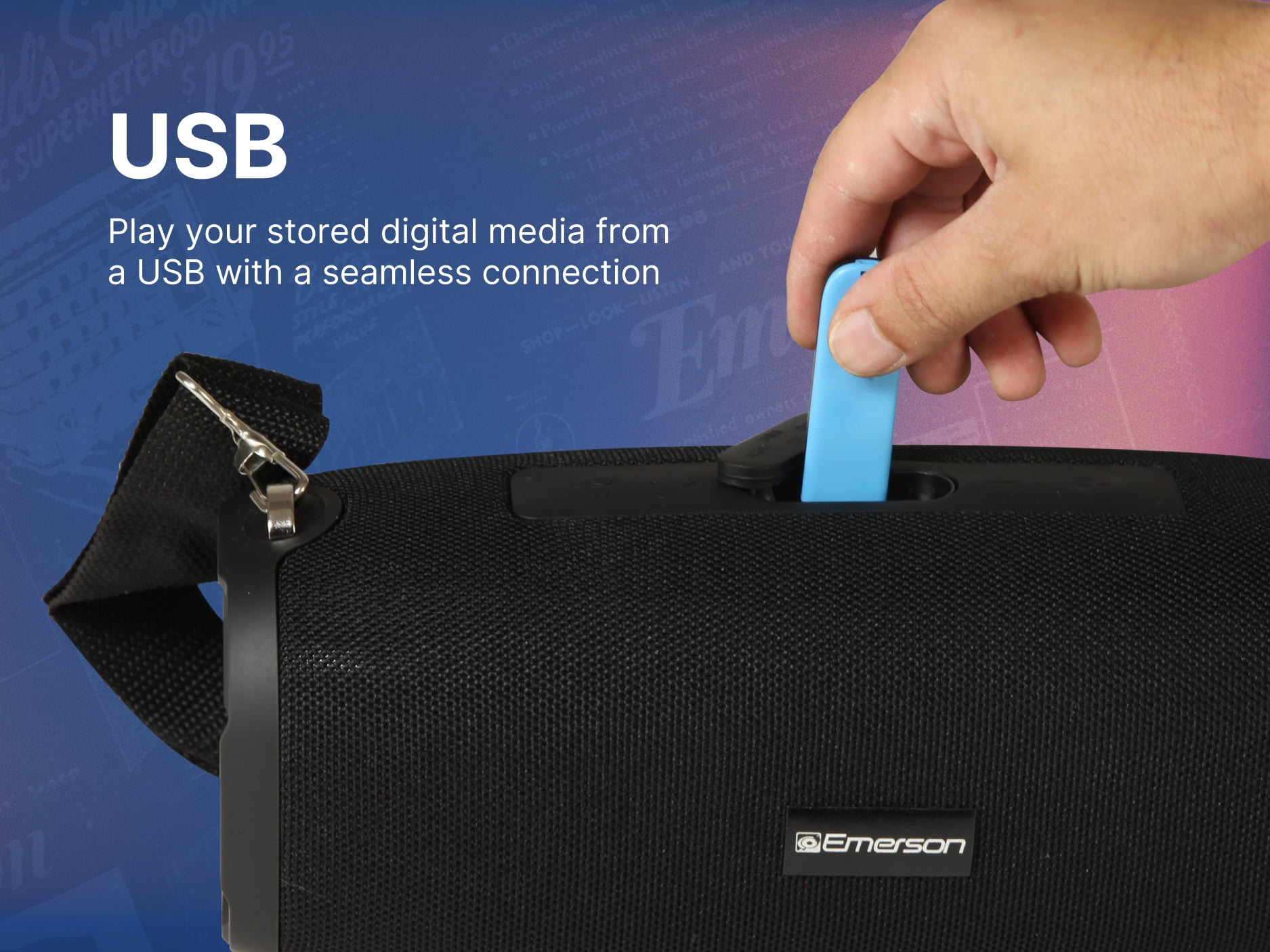 Emerson EAS-3000 Portable Bluetooth Speaker with Carrying Strap, Black