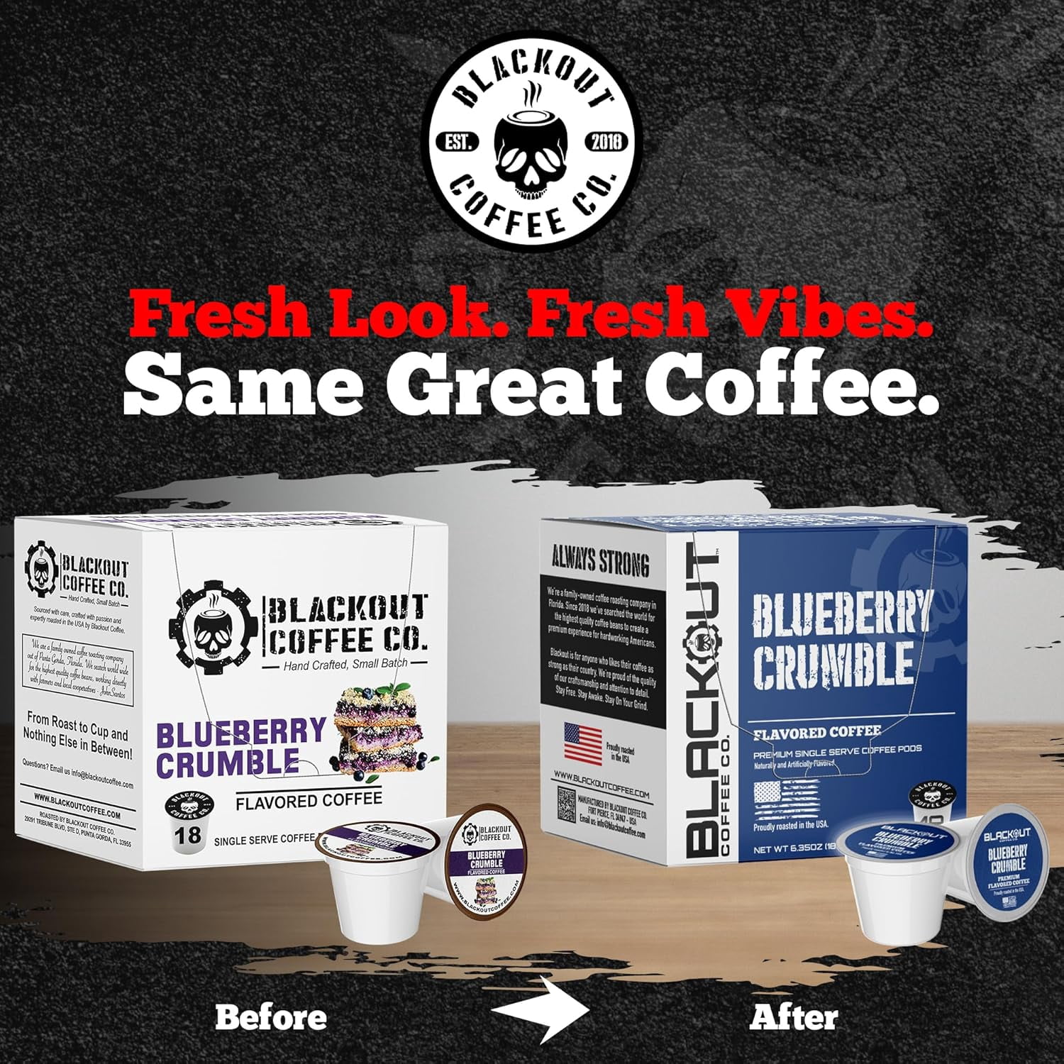 Blackout Coffee Blueberry Crumble Flavored Coffee Pods – Medium Roast, Smooth Taste, Guilt-Free Indulgence – Freshly Roasted 18 Count