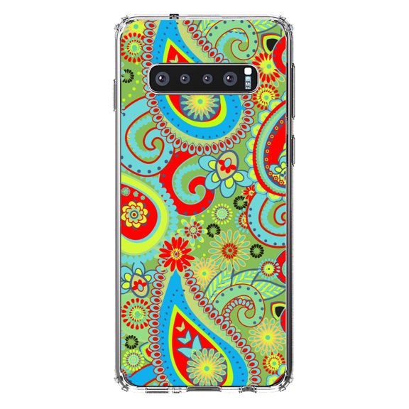 DistinctInk Clear Shockproof Hybrid Case for Samsung Galaxy S10  PLUS(6.4" Screen) - TPU Bumper, Acrylic Back, Tempered Glass Screen Protector - Green Red Blue Paisley