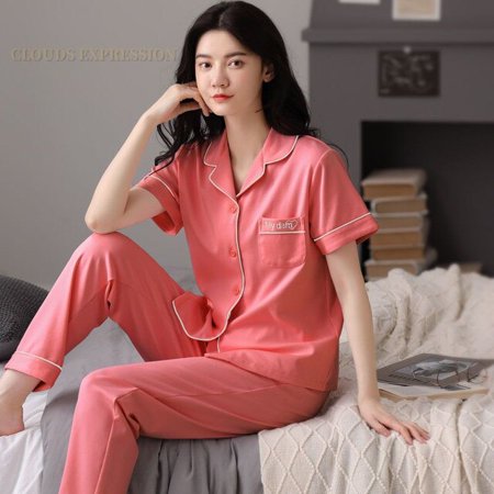 

QWZNDZGR Summer New Short Sleeve Women s Pajamas Set Cartoon Leisure Nightwear Knitted Cotton Plaid Long Pants Sleepwear Fashion Homewear
