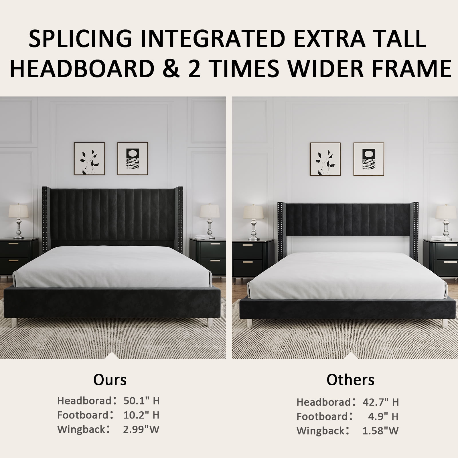 Merluxy Bed Frame King Size Upholstered Bed Wingback Headborad Velvet Channel Tufted/No Box Spring Needed/Black