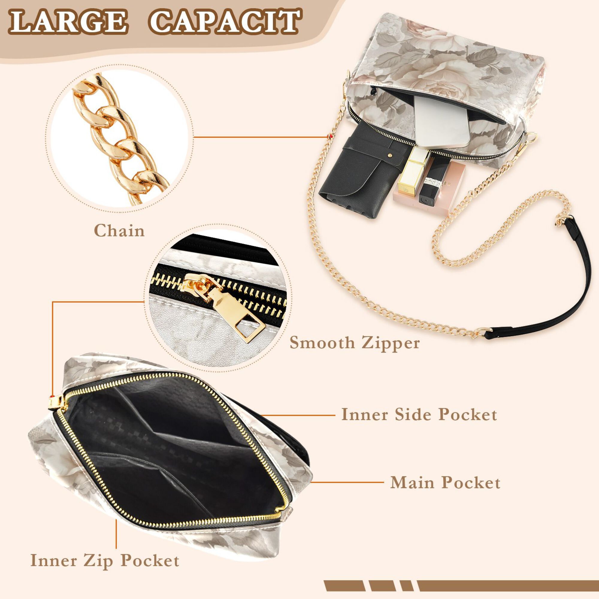 FORMRS Women Crossbody Purse with Chain Strap Vegan Leather Shoulder Handbag, Lace and Floral
