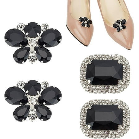 4 Pcs Rhinestones Shoe Clips 2 Styles Black Elegant Flower Rectangle Crystal Shoe Buckles Detachable Metal Shoe Clips Shoes Charm Decoration for Wedding Party Accessories Women DIY
