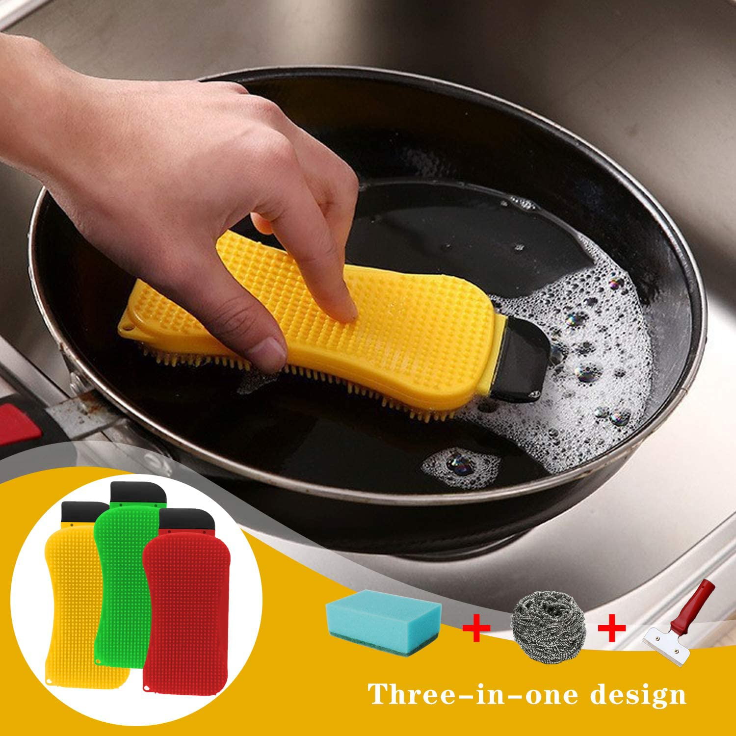 Geloo Silicone Sponge Dish Sponges Silicone Sponge Dish Washing Kitchen Gadgets Brush Accessories Kitchen Sponge Double Sided Cleaning Sponges (3