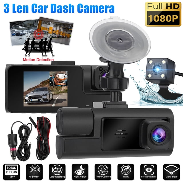 Caméra de Tableau de Bord DVR pour Voiture avant et Arrière Intérieur 3 Canaux 1080P, Écran IPS de 2 Pouces, Lumières de Cabine Infrarouges Vision Nocturne, avec Enregistrement en Boucle, Enregistrement de 24 Heures