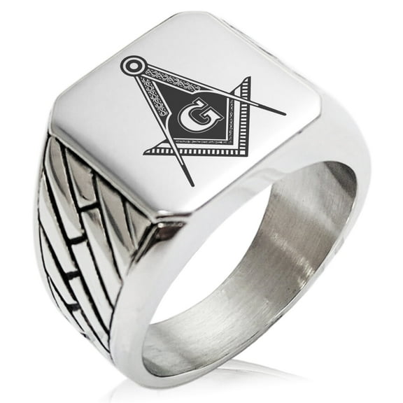 Tioneer Stainless Steel Freemasons Masonic Royal Compass Geometric Pattern Biker Style Polished Ring