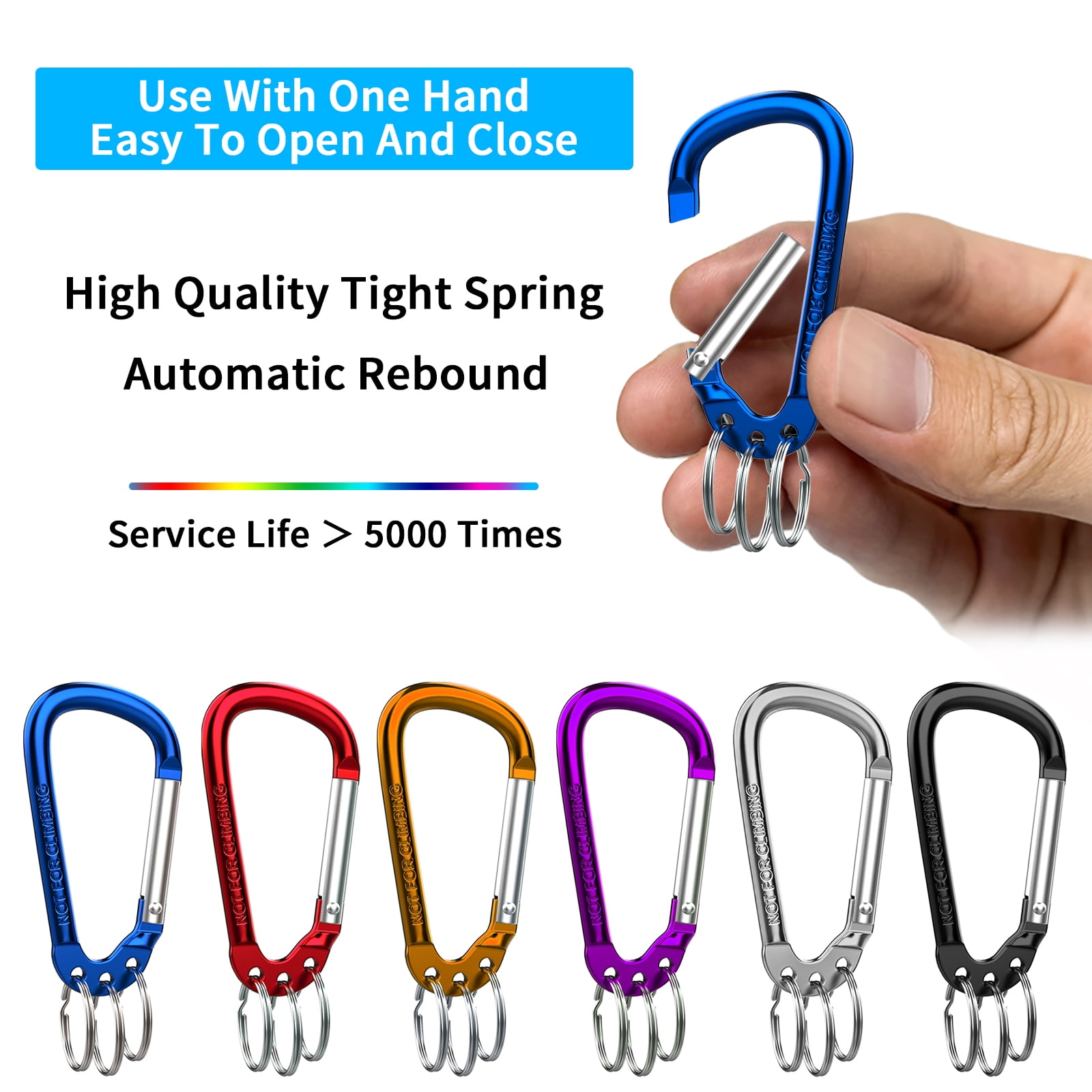 6 Pack D-Shape Aluminum Alloy Carabiner Clip Keychain with 3 Key Rings - Lightweight, Durable & Multifunctional Hook for Keys, Bags, Outdoor Gear
