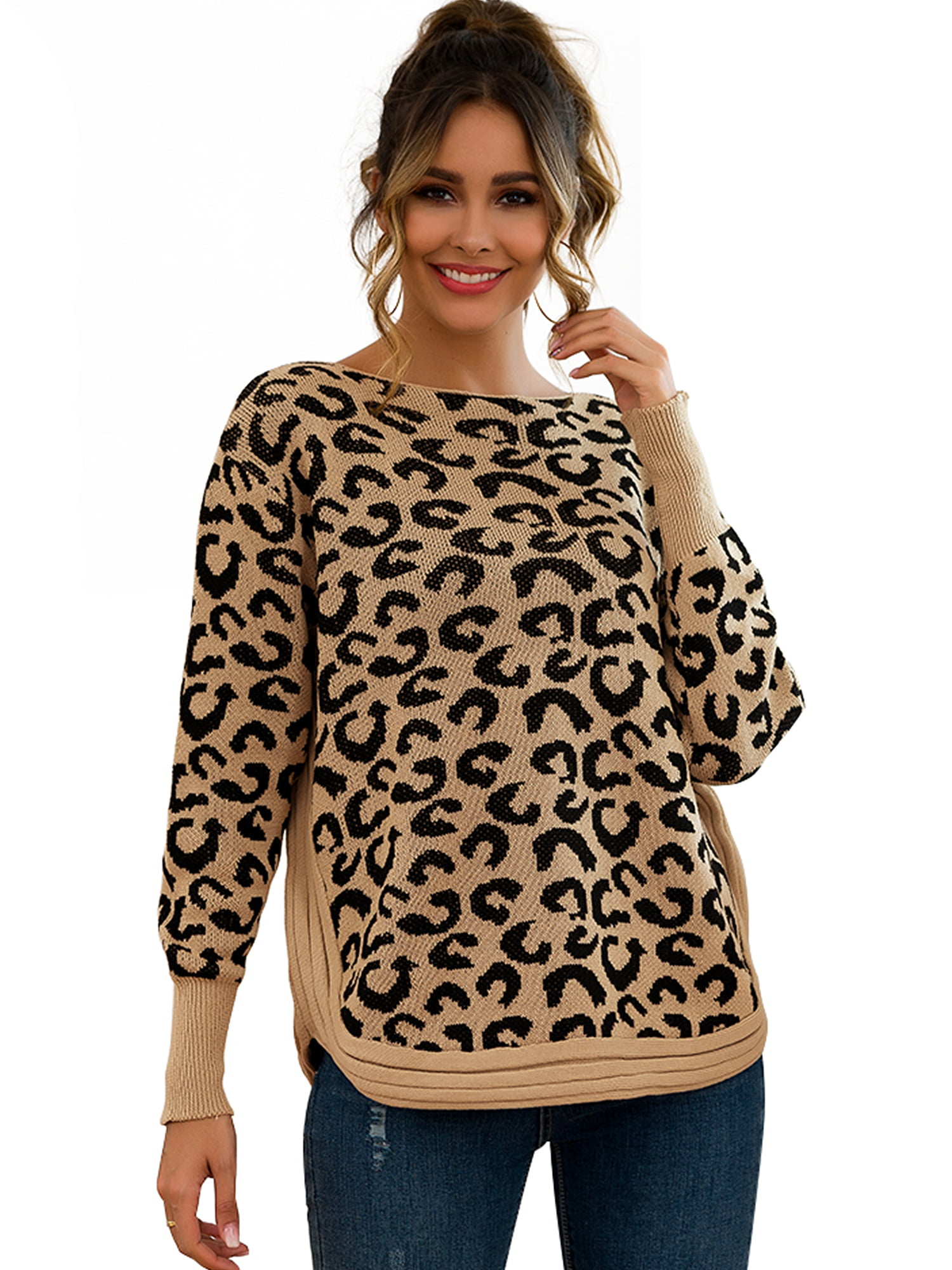 Newtechnologyy Women S Leopard Print Sweater Ladies Fashion Solid Casual Pullovers O Neck