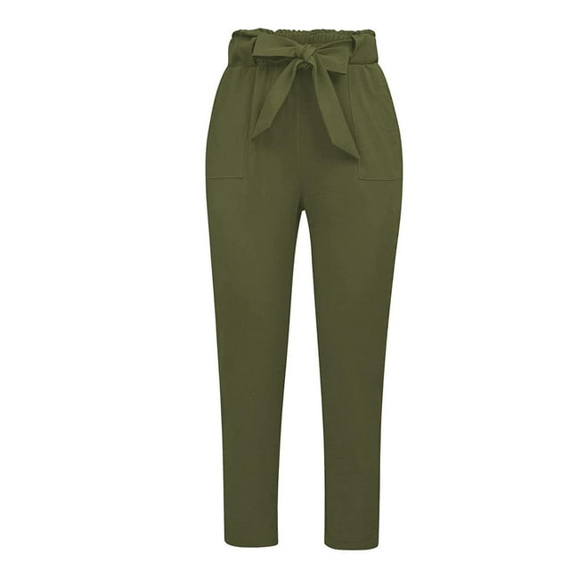 Pantalones elegantes de mujer de talle alto hasta el tobillo con cinturón. Verde Ejército L