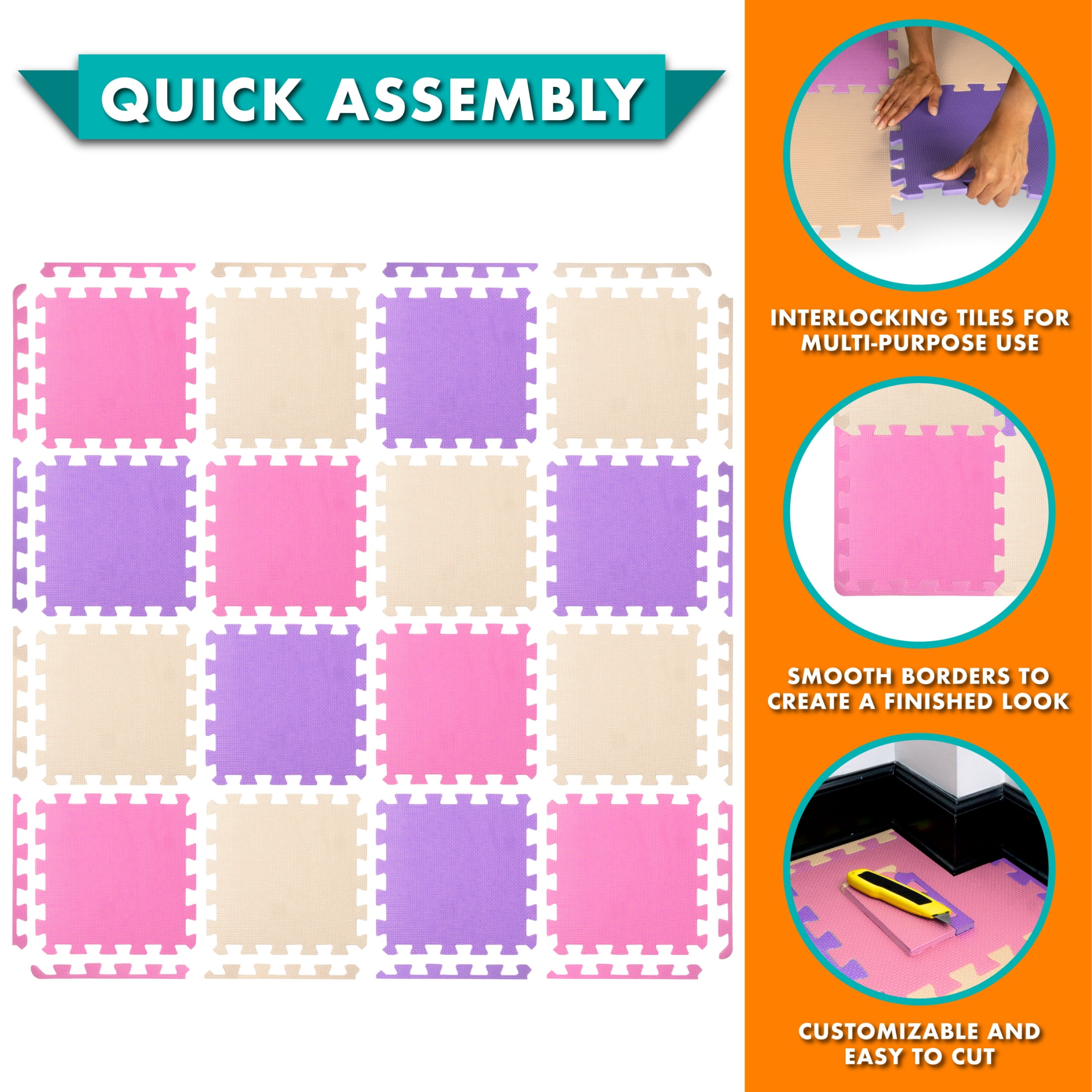 ProSource Kids Solid Colors Foam Puzzle Floor Play Mat, 36 or 16 tiles