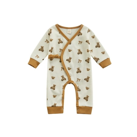 

Yinyinxull Autumn Newborn Baby Girl Boy Romper Cartoon Bear Printed Long Sleeve Lace Up Jumpsuit Clothes Apricot 0-3 Months