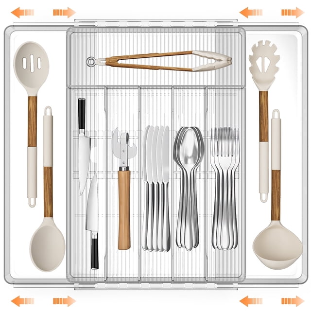 GPED Organizador de Cubiertos, Organizador de Cubiertos de Acrílico Transparente Expandible, Organizador de Cajones de Cocina para Utensilios, Bandeja Ajustable para Cubiertos, Oficina, Suministros-8