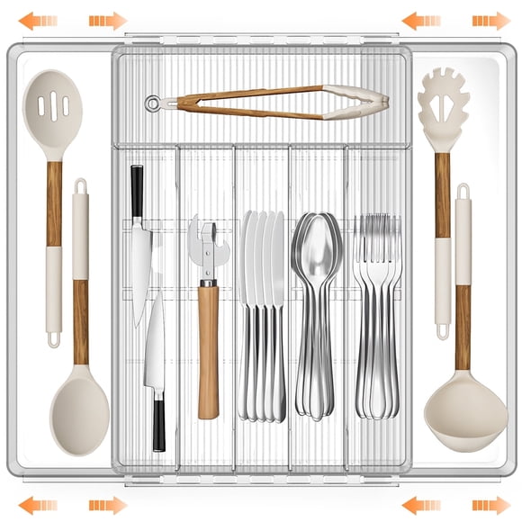 GPED Organizador de Cubiertos, Organizador de Cubiertos de Acrílico Transparente Expandible, Organizador de Cajones de Cocina para Utensilios, Bandeja Ajustable para Cubiertos, Oficina, Suministros-8