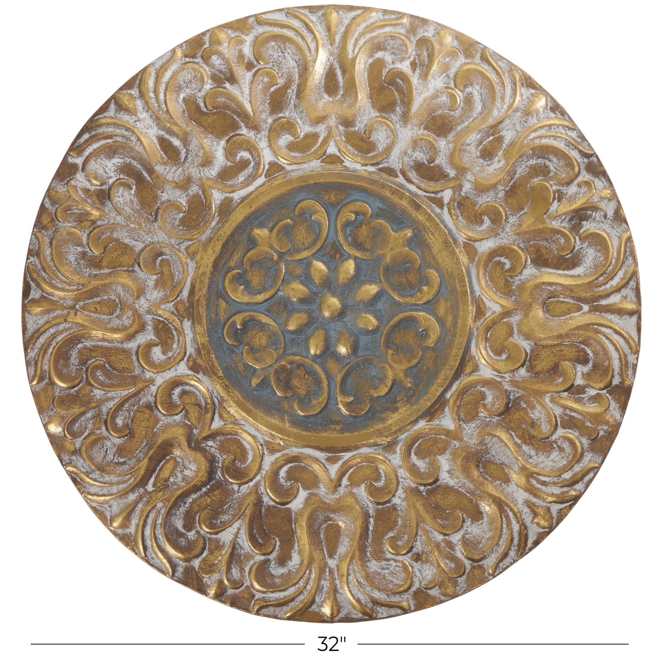 DecMode Gold Metal Embossed Scrolled Plate Wall Decor with Teal Accent