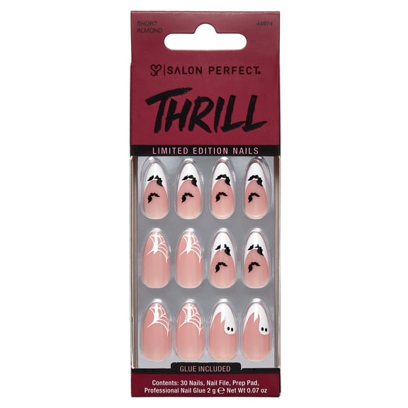 Salon Perfect Halloween Thrill Short Almond Press-On Nails with Glue & File, White Ghost, 30 Pieces