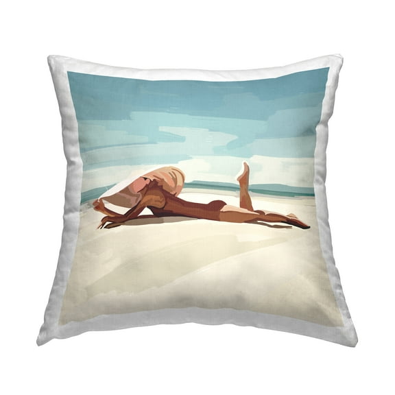 Stupell Industries Lounging Woman Tropical Beach Shoreline Design by Amelia Noyes Throw Pillow