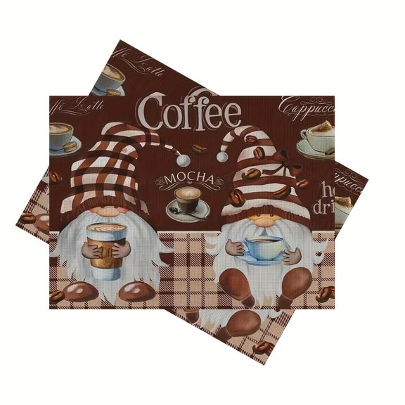 Coffee Gnomes Placemats Set of 4 for Dining Table Buffalo Plaid Brown Mocha Washable Waterproof Cloth Place Mat for Bar Decoration Coffee Cup Mats 12x18 Inch