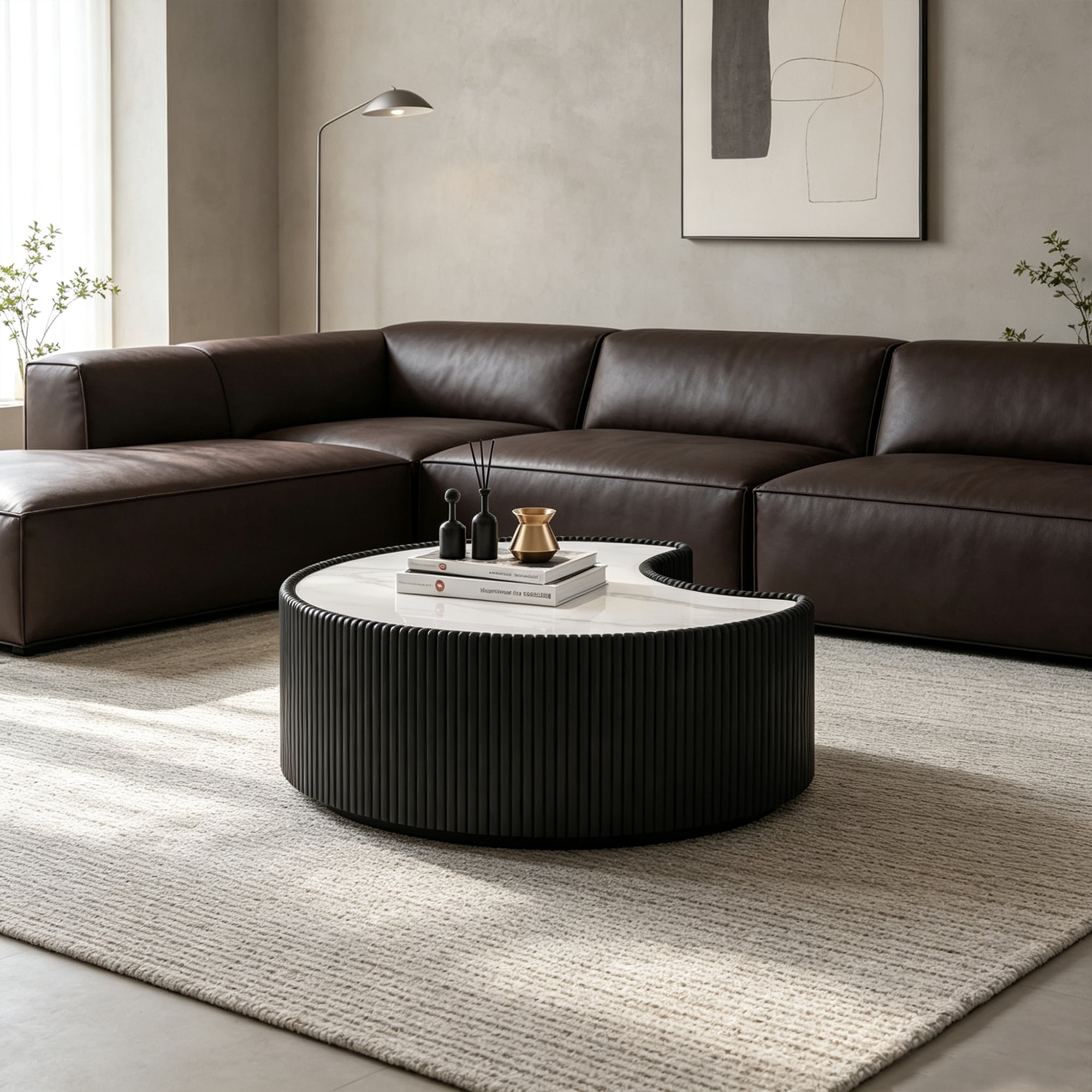 Sintered Stone Coffee Table 29.53 Inch, Irregular Shape Leather Top for Living Room Office, Black