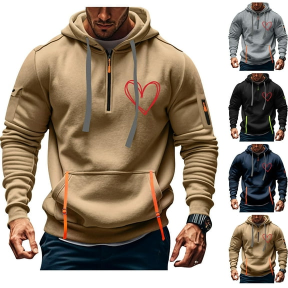Jinhomg Valentine's Day Mens Hoodies Plain Heart Graphic Holiday Sweatshirt Big and Tall Comfy Long Sleeve Quarter Zip Pullovers with Multi Pockets Summer Saving Black XXL