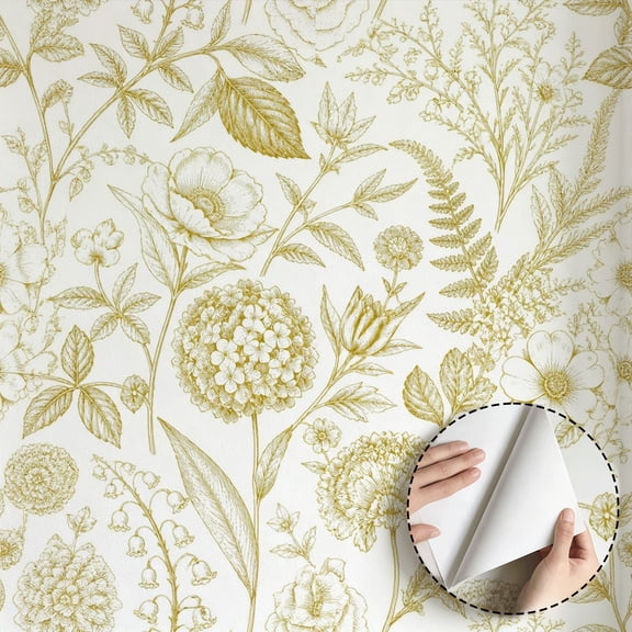 Gold Vintage Floral Wallpaper Peel and Stick Waterproof, Elegant Rustic Botanical Sketched Flower Wall Decor for Living Room Bedroom Bathroom Kitchen Cabinet Dorm Room 17.7 * 118 in