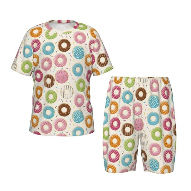 Fotbe Colorful Donuts Pijama Estampada de 2 Piezas para Niños – Ropa de Dormir de Manga Corta Cómoda para Niños y Niñas, Camiseta y Shorts de Algodón-3X-Large