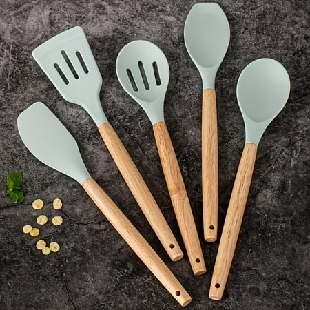 

XEEZ 5pcs Silicone Kitchen Utensil Set with Wooden Handles Non-Stick Safety Cooking Tools Washable Includes Storage Bucket - Essential Modern Cookware Accessories