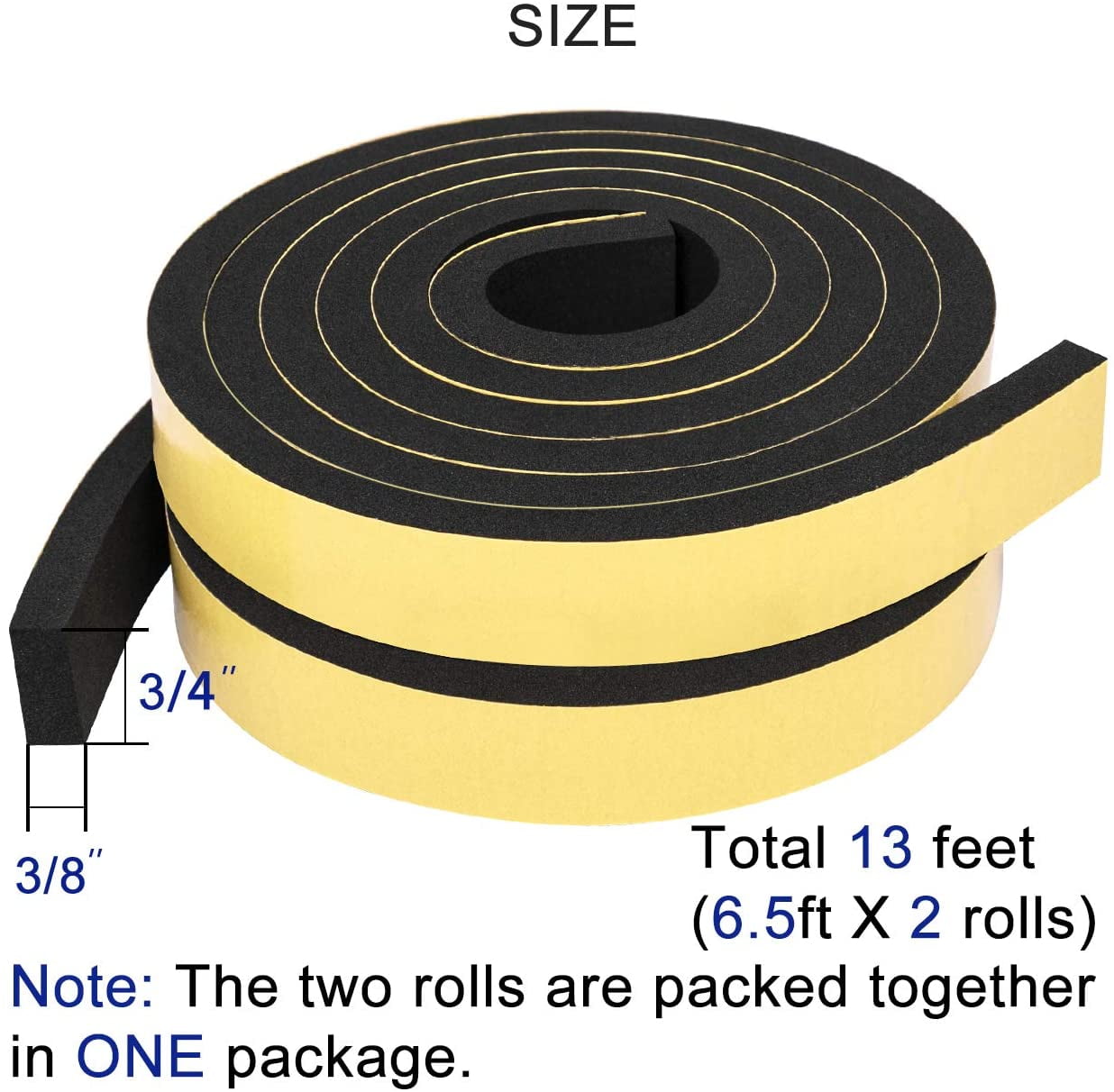 Yotache Foam Strips with Adhesive 2 Rolls 1 W x 3/8 T, Black Foam Insulation Stripping Tape, 13 ft Length (2 x 6.5 ft Each)