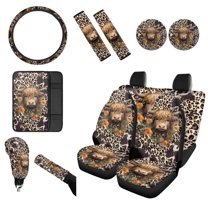 Renewold Highland Cow Flower Leopard Print Car Seat Cover Split Covers for Women Men,Auto Steering Wheel Cover Seatbelt Strap Shoulder Cover Coasters Armrest Pad Handbrake Cover Gear Shift Cover