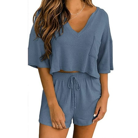 

Glookwis Women Pajamas Loungewear 2 Piece Outfits Waffle Knit Sleepwear V Neck Elastic Waist Nightwear Homewear Blue XL