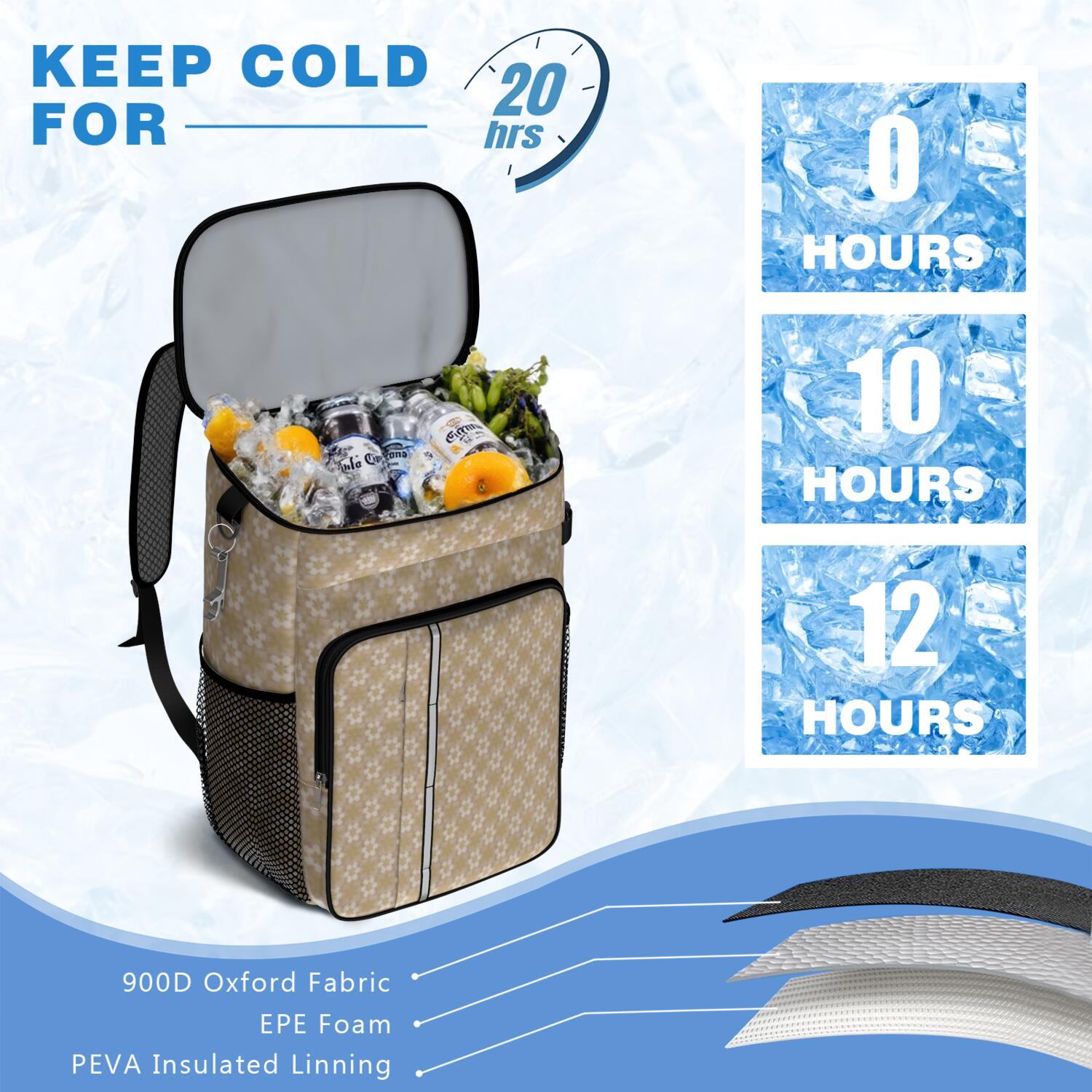 Travel Cooler Bag - Golden Christmas Pattern Camping Beer Cooler Backpack with Bottle Opener- Waterproof Insulated Picnic Backpacks - Cooler Bag for Beach
