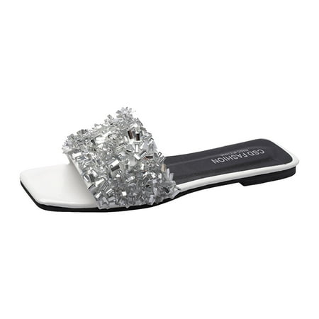 Sandals Women s Summer New Sequined Low Heel Fashion Wear Korean Version Slipper Socks for Women Water Slippers for Women Slipper Boots for Women Indoor Home Slippers Women Womens Slippers Memory Foam